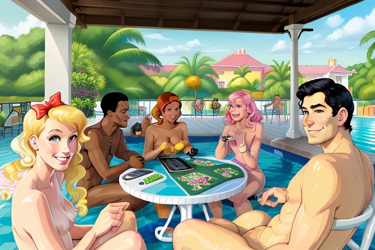 People around a table in the middle of a swimming pool