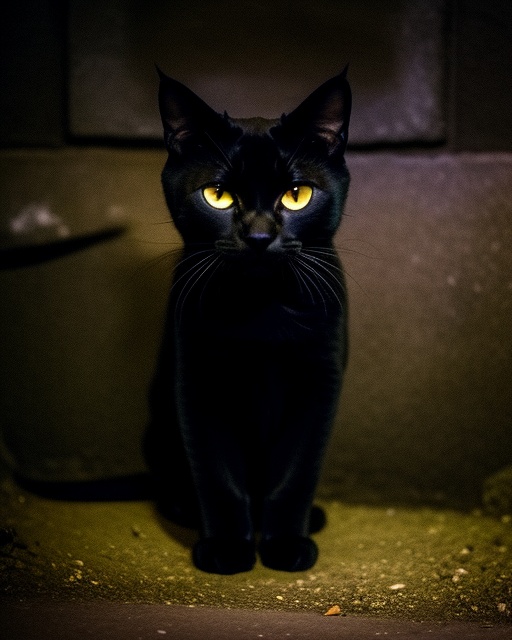 Black cat in a coal cellar at night