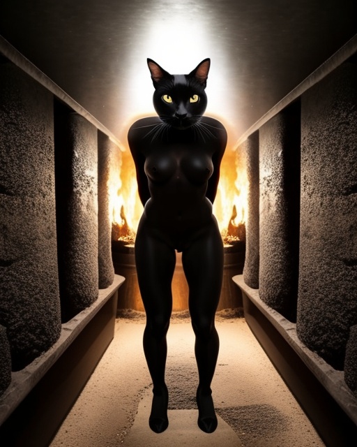Naked Black Cat in a Coal Cellar at Night